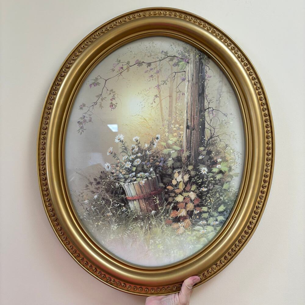 Vintage Oval Gold Frame Woodland Wildflower Floral Print 23" Cottagecore